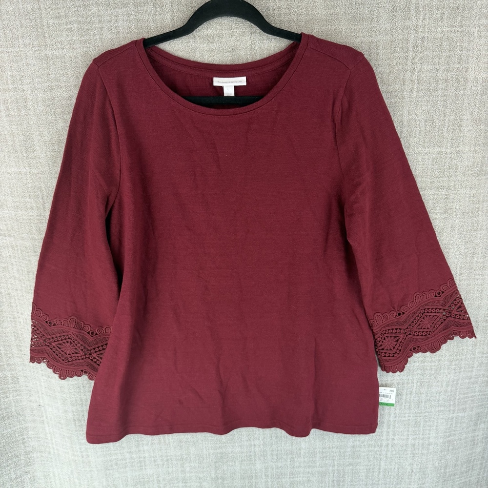 Charter Club Tunic Womens L Red Bell Sleeve Crew Neck Crochet Lightweight